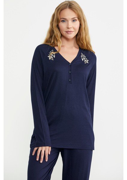 Nakış Detaylı Düğmeli Pijama Takım - Lacivert fırsatları