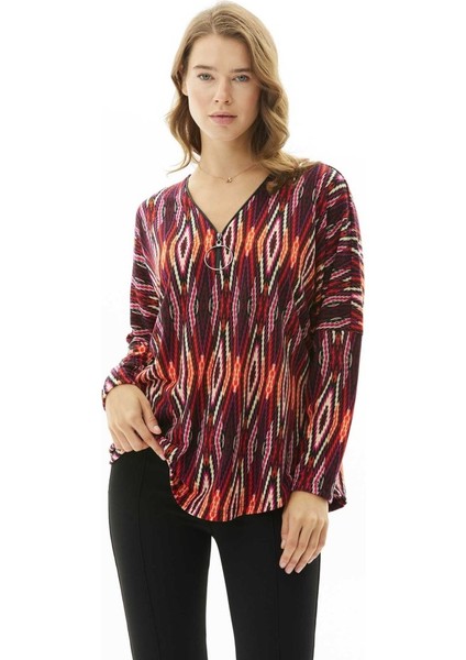 Önü Büyük Elcikli Zigzag Desen Triko Bluz