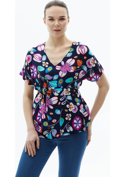 V Yaka Düşük Kol Nazar Desen Bluz fiyatları