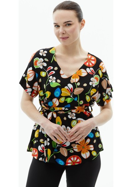 V Yaka Düşük Kol Nazar Desen Bluz indirimleri