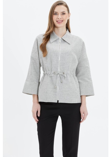 Şömizye Yaka Önü Fermuarlı Çizgili Ceket