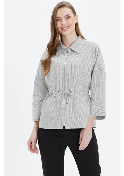 Şömizye Yaka Önü Fermuarlı Çizgili Ceket fırsatları