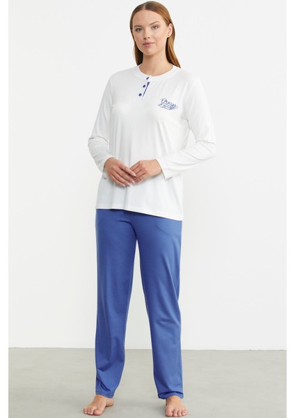 Patlı Düğmeli Desen Kombinli Pijama Takım - Mavi