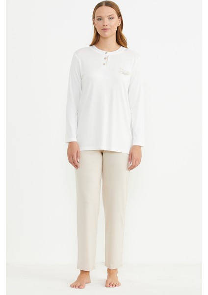 Patlı Düğmeli Desen Kombinli Pijama Takım - Bej fiyatları