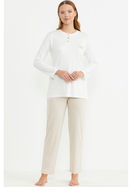 Patlı Düğmeli Desen Kombinli Pijama Takım - Bej modelleri