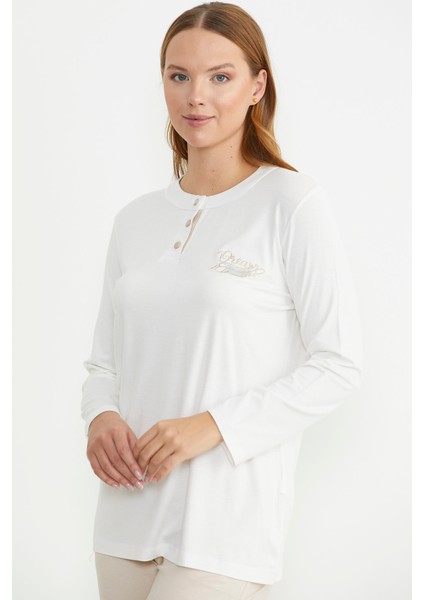 Patlı Düğmeli Desen Kombinli Pijama Takım - Bej indirimleri