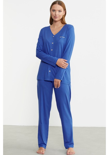 Önden Düğmeli Rahat Kalıp Pijama Takım - Saks