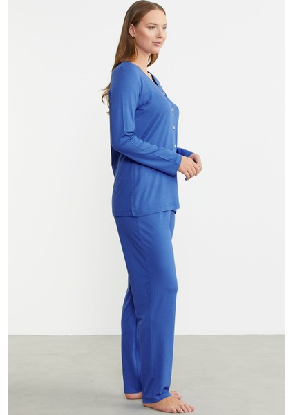 Önden Düğmeli Rahat Kalıp Pijama Takım - Saks