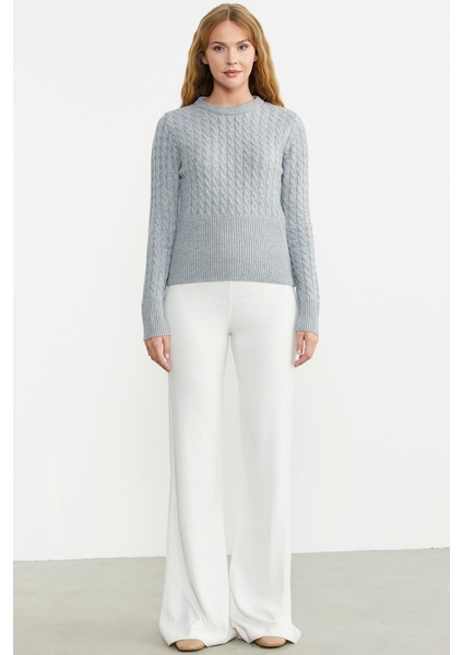 Saç Örgü Beli Oturmalı Triko Kazak - Gri modelleri