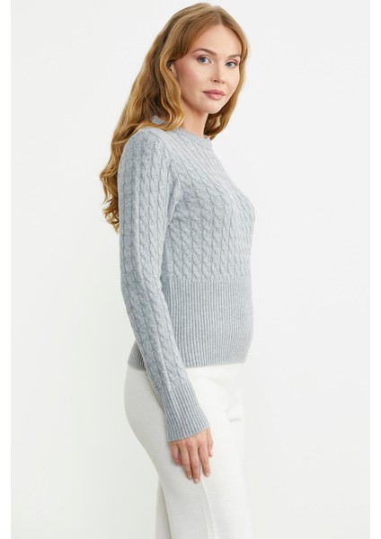 Saç Örgü Beli Oturmalı Triko Kazak - Gri indirimleri