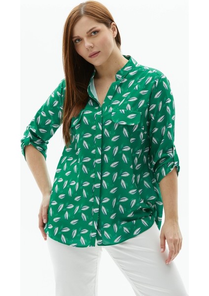 Büyük Beden Hakim Yaka Çift Cep Yaprak Desen Bluz