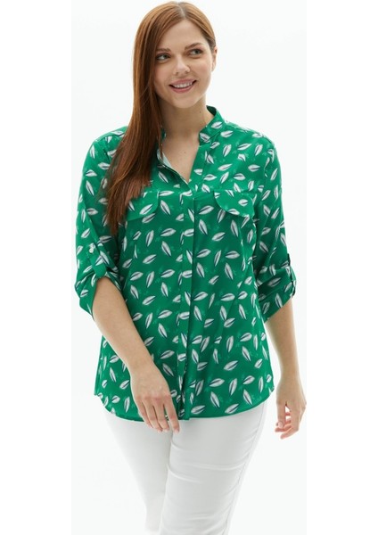 Büyük Beden Hakim Yaka Çift Cep Yaprak Desen Bluz fiyatları