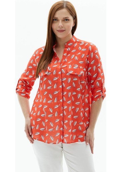 Büyük Beden Hakim Yaka Çift Cep Yaprak Desen Bluz indirimleri