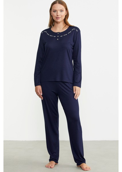 Sıfır Yaka Düğmeli Pijama Takım - Lacivert