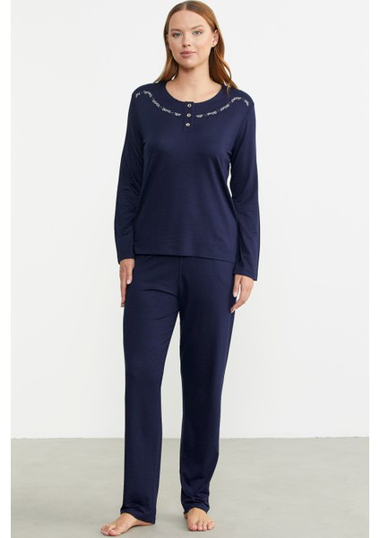 Sıfır Yaka Düğmeli Pijama Takım - Lacivert fiyatları