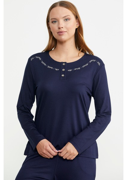Sıfır Yaka Düğmeli Pijama Takım - Lacivert modelleri