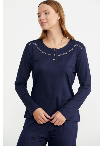 Sıfır Yaka Düğmeli Pijama Takım - Lacivert fırsatları