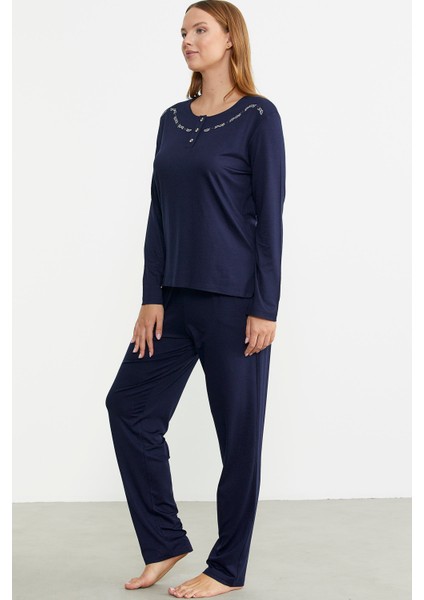 Sıfır Yaka Düğmeli Pijama Takım - Lacivert indirimleri