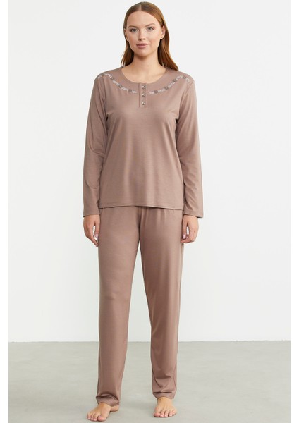Sıfır Yaka Düğmeli Pijama Takım - Koyu Vizon