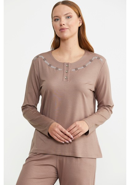 Sıfır Yaka Düğmeli Pijama Takım - Koyu Vizon