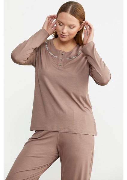 Sıfır Yaka Düğmeli Pijama Takım - Koyu Vizon