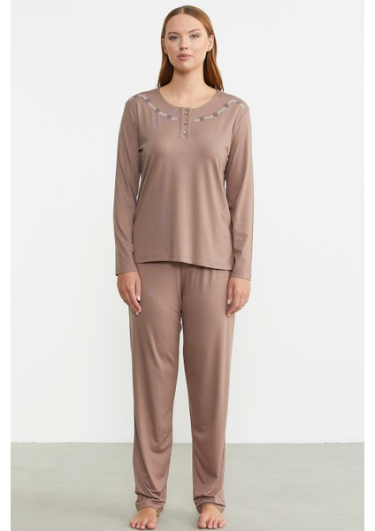 Sıfır Yaka Düğmeli Pijama Takım - Koyu Vizon