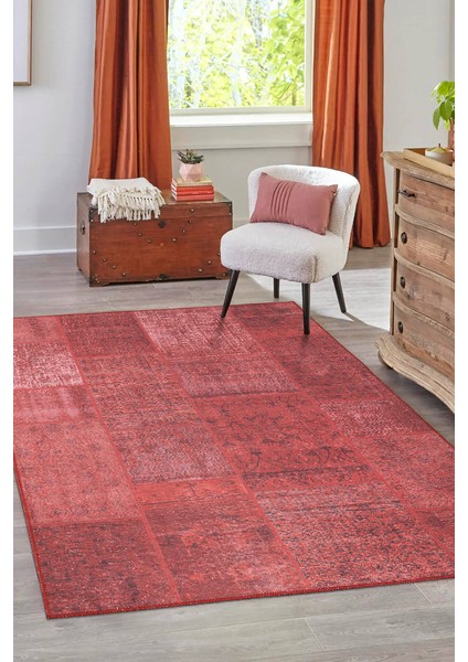 Patchwork Desenli Salon Halısı, Jazz Şönil |Pamuk-Polyester| Kırmızı Halı Al 164