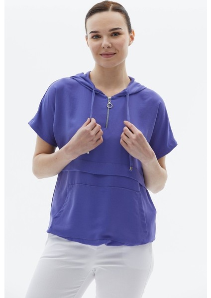 Yakası Fermuarlı Kanguru Cep Bluz