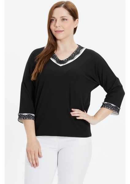 Büyük Beden Dantel Kombinli Penye Bluz
