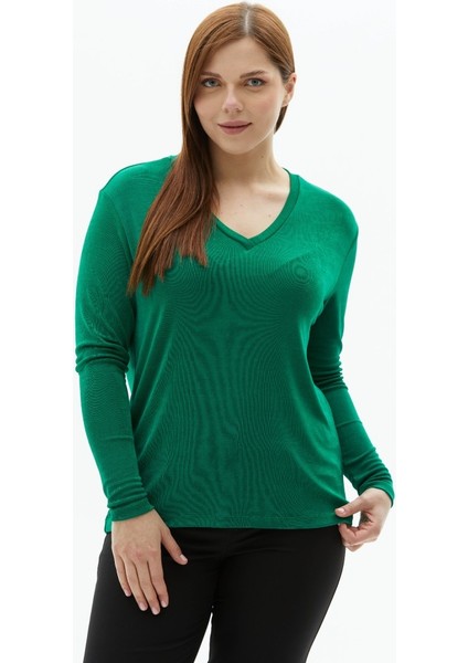 Büyük Beden V Yaka Uzun Kol Buzi Bluz