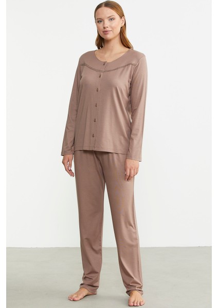 Düğme Kapamalı Rahat Kalıp Pijama Takım - Vizon