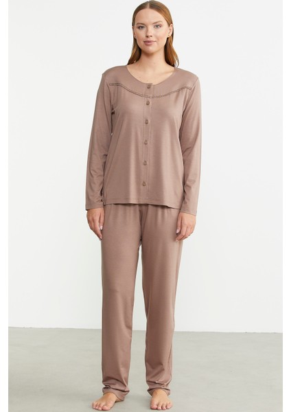 Düğme Kapamalı Rahat Kalıp Pijama Takım - Vizon fiyatları