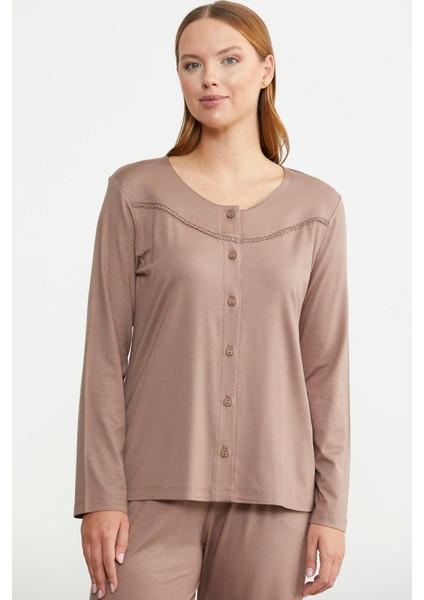 Düğme Kapamalı Rahat Kalıp Pijama Takım - Vizon modelleri