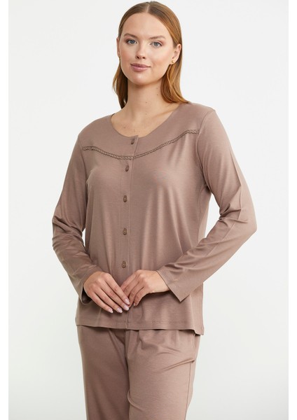 Düğme Kapamalı Rahat Kalıp Pijama Takım - Vizon fırsatları