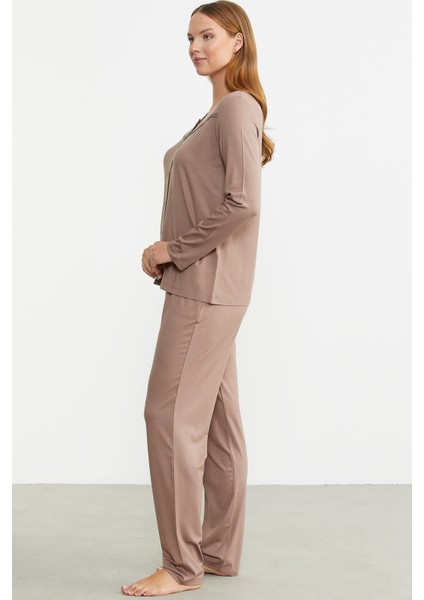 Düğme Kapamalı Rahat Kalıp Pijama Takım - Vizon indirimleri