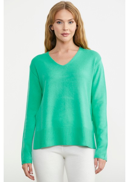 Salaş V Yaka Basic Triko Kazak - Yeşil