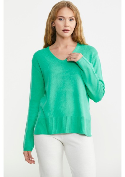 Salaş V Yaka Basic Triko Kazak - Yeşil modelleri