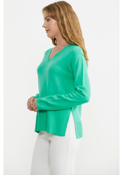 Salaş V Yaka Basic Triko Kazak - Yeşil fırsatları