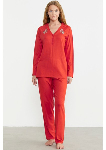 Nakış Detaylı Düğmeli Pijama Takım - Mercan
