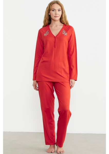 Nakış Detaylı Düğmeli Pijama Takım - Mercan fiyatları