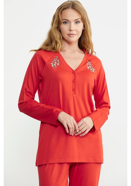 Nakış Detaylı Düğmeli Pijama Takım - Mercan indirimleri