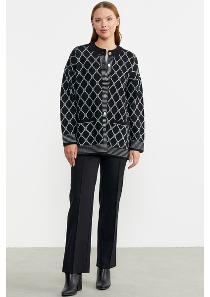 Baklava Desen Çift Renk Yünlü Triko Ceket - Siyah