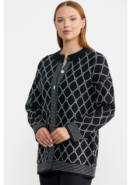 Baklava Desen Çift Renk Yünlü Triko Ceket - Siyah modelleri