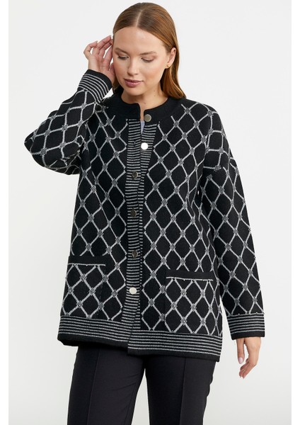 Baklava Desen Çift Renk Yünlü Triko Ceket - Siyah fırsatları
