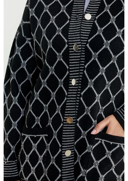 Baklava Desen Çift Renk Yünlü Triko Ceket - Siyah indirimleri