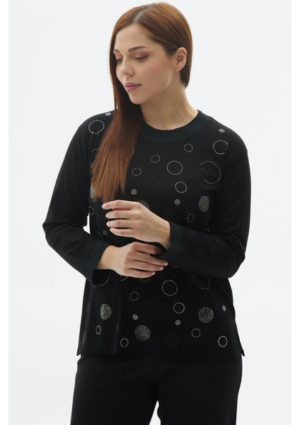 Büyük Beden Önü Taşlı Uzun Kol Penye Bluz