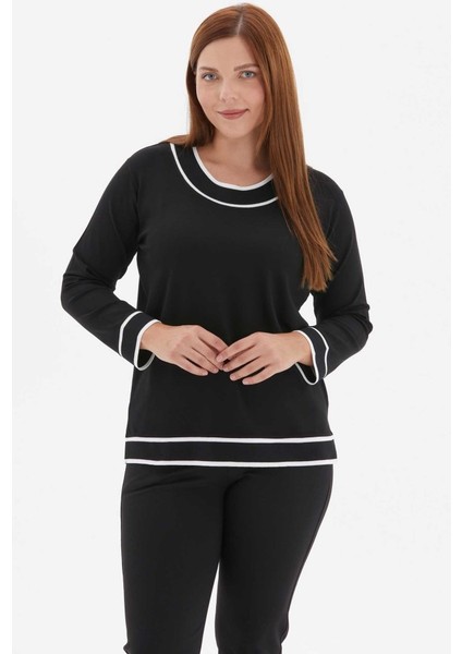 Büyük Beden Sıfır Yaka Kol Ucu Ribanalı Triko Bluz
