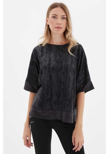 Cepleri Deri Kombinli Desenli Triko Bluz