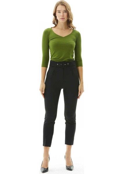 Kendinden Kemerli Yandan Cep Dar Paça Pantolon