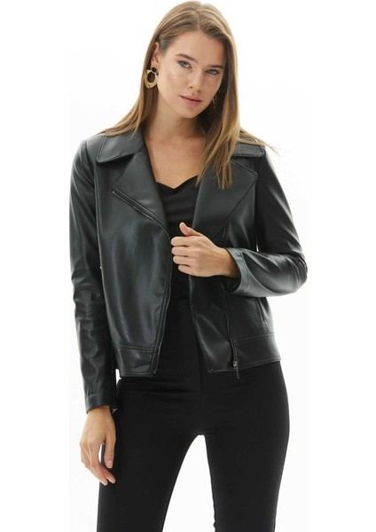 Kruvaze Fermuarlı Deri Ceket